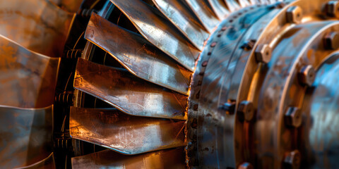 Closeup of Steel blades of turbine propeller, abstract 3d background of mechanical engineering and turbine engines