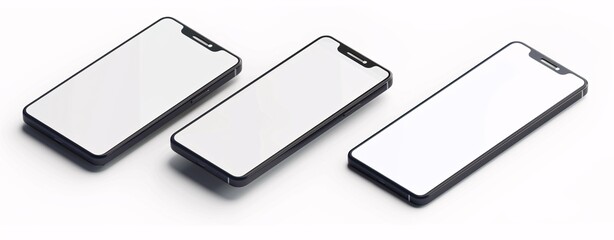 Set of Three Realistic Vector Mobile Phones with Blank Screens on White Background in Isometric View - High Resolution Mockups 3D Renderings