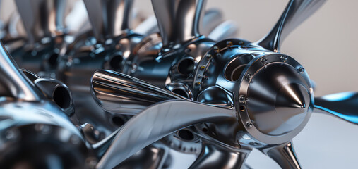 Closeup of Steel blades of turbine propeller, abstract 3d background of mechanical engineering and turbine engines