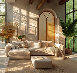 Obraz premium modern rustic living room with beige couch and creamy walls; bright, full of sunlight resting space with high ceiling