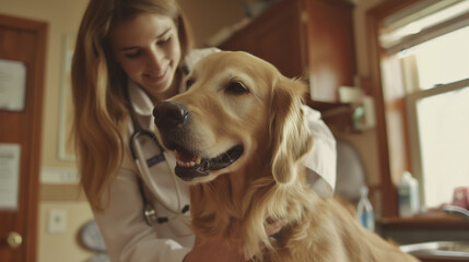A modern veterinary clinic scene: a beautiful female veterinarian pets a healthy golden retriever, providing expert care and compassionate attention.