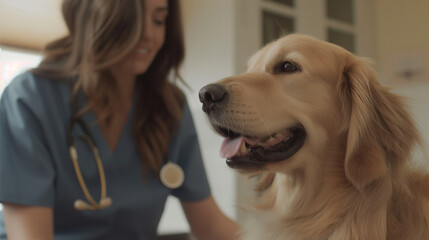 In a contemporary veterinary clinic, a golden retriever enjoys a check-up visit with a beautiful female vet, showcasing care, health, and happiness.