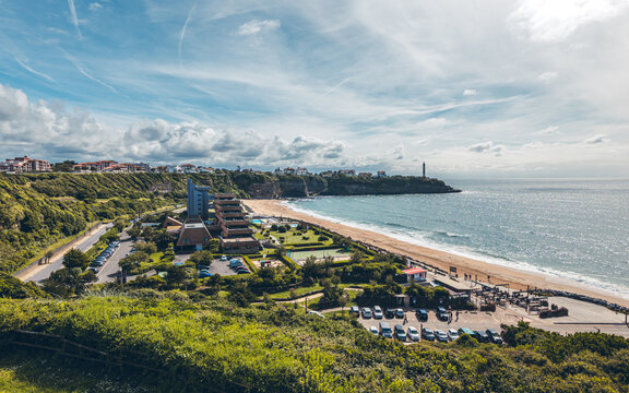 Anglet, known as "La Petite Californie", View of the beaches, the ocean, the Biarritz lighthouse and the beach of Petite Chambre d'Amour, Basque Country, New Aquitaine, France