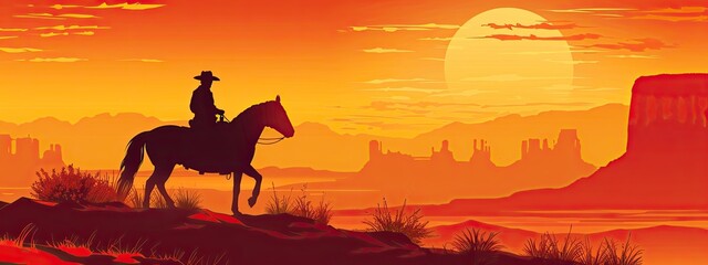 Naklejka premium A cowboy riding a horse in silhouette a desert landscape sunset background