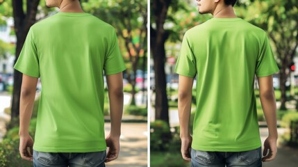 Obraz premium photo of mockup showing a T-shirt, one front-view facing front and one back-view facing the back side by side, T-shirt color is medium tone bright leafy green, T-shirt is plain with no wrinkles and ov