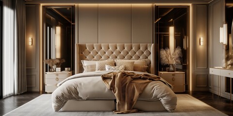 Luxurious modern bedroom interior with elegant decor, plush bed, and ambient lighting, creating a warm, inviting atmosphere.