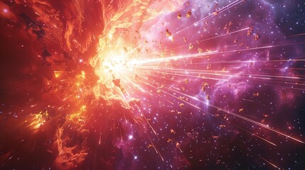 A detailed view of a gamma-ray burst with intense light beams, highlighting small, insect-like alien creatures floating in the energetic rays. Flat color illustration, shiny, Minimal and Simple,