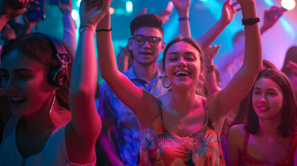 Teenagers at a lively concert, enjoying the music, dancing together, and capturing memories on their phones.