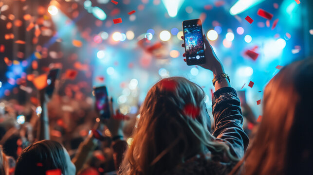 Teenagers at a lively concert, enjoying the music, dancing together, and capturing memories on their phones.
