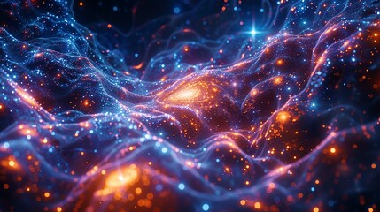 An abstract image of a cosmic web structure with galaxies and dark matter, populated by small, insect-like alien creatures in the intergalactic space. Flat color illustration, shiny, Minimal and