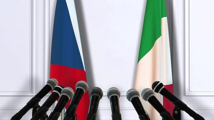 Italy and Czech Republic National Flags with Microphones. Official Press Conference of Countries Government
