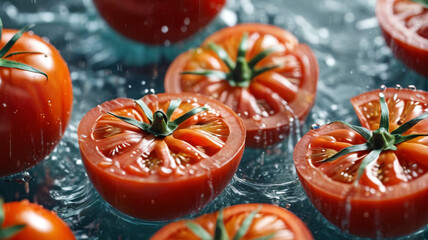Tomato Oasis: Close-Up of Juicy Tomato Halves Amidst a Deluge of Water, Generative AI
