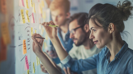 A dynamic team collaborating in a modern office, brainstorming ideas on a whiteboard and using sticky notes for creative planning.