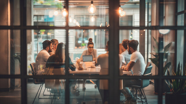 A productive team meeting in a glass-walled conference room, with diverse colleagues contributing their expertise and insights.