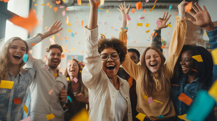A diverse team celebrating their success in a modern office, with a sense of accomplishment and unity as they enjoy the moment together.