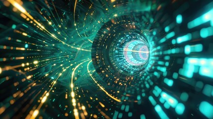 abstract futuristic background portal tunnel with yellow blue and green glowing neon moving high speed wave lines. Data transfer concept. Technology background