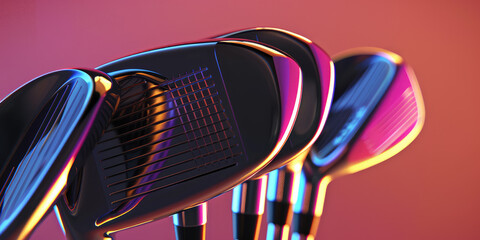 Macro closeup of shiny metal golf clubs on simple colored background with copy space