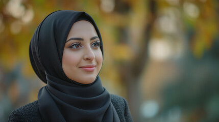 A modern Muslim woman in hijab, participating in a charity event, reflecting the values of community service and modern Islam.