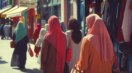 Fototapeta premium A vibrant street scene with modern Muslim women in hijabs, showcasing their faith and fashion in a cosmopolitan setting.