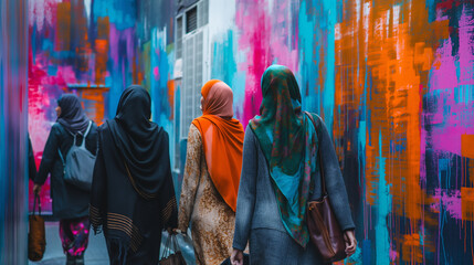 A vibrant street scene with modern Muslim women in hijabs, showcasing their faith and fashion in a cosmopolitan setting.