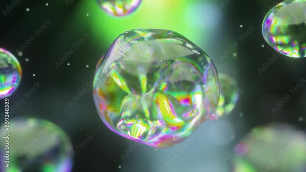 Poster 3d animation of liquid bubbles merging. the components of a macro shot combine to create a serum. a 