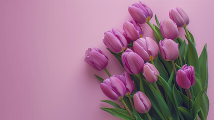 Fototapeta premium Purple tulips on a pastel seafoam green background with plenty of space for copy