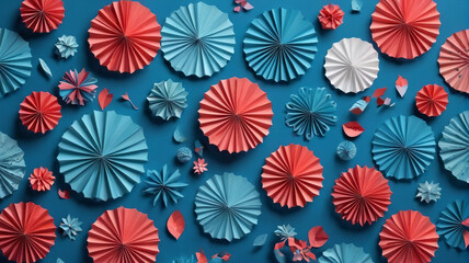 Crafty Celebration Ensemble: Set of Festive Paper Decorations for DIY Art Installation on Blue Background, Generative AI