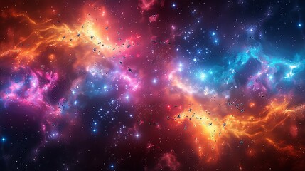 Naklejka premium An abstract image of a distant star cluster with vibrant colors and tiny, insect-like alien creatures scattered among the stars and nebulae. Flat color illustration, shiny, Minimal and Simple,