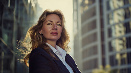Fototapeta premium A strong and confident woman, who embodies the spirit of protagonism and admiration. She is 40 years old, an entrepreneur who lives in an urban environment with modern skyscrapers in the background