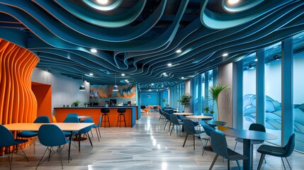 Blue ceiling with undulating waves, an office space with tables and chairs in the foreground, an interior design of an advertising agency in the style of an advertising agency.