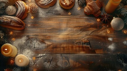 Rustic wooden table decorated with Christmas cookies, candles, and festive ornaments, creating a cozy holiday atmosphere.