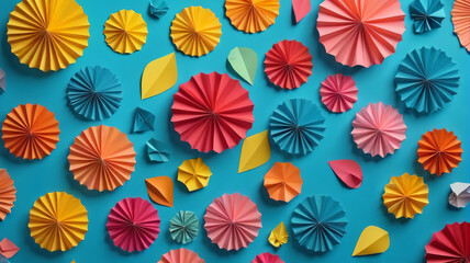 Artistic DIY D�cor Set: Colorful Paper Decorations Arranged for DIY Art Installation on Blue Background, Top View, Generative AI