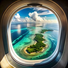 Photo of indoor to outdoor plane window to see down paradisiac islands