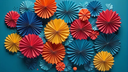 Artistic DIY D�cor Set: Colorful Paper Decorations Arranged for DIY Art Installation on Blue Background, Top View, Generative AI