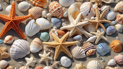 Shoreline Gems: Assortment of Seashells and Starfish Creating a Stunning Ocean Display on the Beach, Generative AI