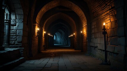 Dark dungeon long medieval castle corridor backgrounds, scary endless medieval catacombs with torches.