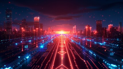 Naklejka premium A digital landscape where bits transform into qubits, signaling the advent of quantum computing. Flat color illustration, shiny, Minimal and Simple,