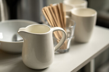 Tea and Coffee making facilities and cups and glasses at a business conference