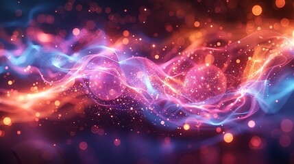 Electromagnetic fields bending and warping around charged particles, visualizing their influence. Flat color illustration, shiny, Minimal and Simple,