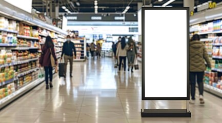 Fototapeta premium Supermarket Serenity: Blank Billboard Beckons Amidst Bustling Aisles