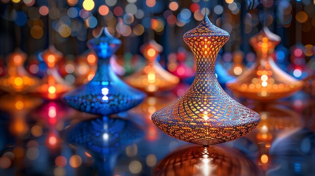 Electron spin depicted as spinning tops with intricate patterns, representing their quantum angular momentum. Flat color illustration, shiny, Minimal and Simple,