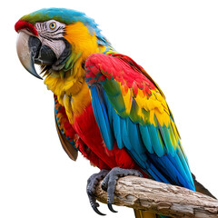 Fototapeta premium Vibrant parrot perched on a branch with strikingly colorful feathers, showcasing nature's beauty and vivid colors in a tropical setting.
