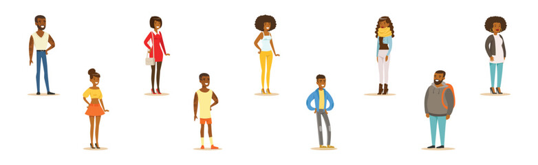 African-American Man and Woman Character in Standing Pose Vector Set