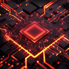 Obraz premium A computer chip with a red outline is shown in a black and orange background. Concept of technology and innovation, as well as a futuristic or sci-fi vibe