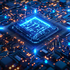 Obraz premium A computer chip with a blue square in the middle. The chip is surrounded by a lot of wires and lights