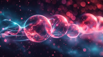 Entangled particles linked by ethereal strands, representing their instantaneous correlation regardless of distance. Flat color illustration, shiny, Minimal and Simple,