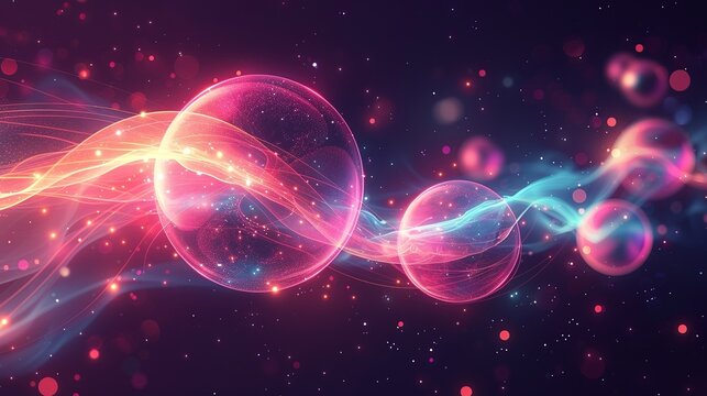 Entangled particles linked by ethereal strands, representing their instantaneous correlation regardless of distance. Flat color illustration, shiny, Minimal and Simple,