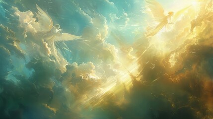 Angels flying on clouds illuminated by divine light