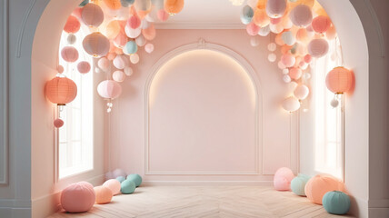 Dreamy Lantern Passage: Room Boasting a White Wall and Archway Bedecked with Dreamy Pastel Paper Lanterns, Conjuring an Ethereal Atmosphere, Generative AI