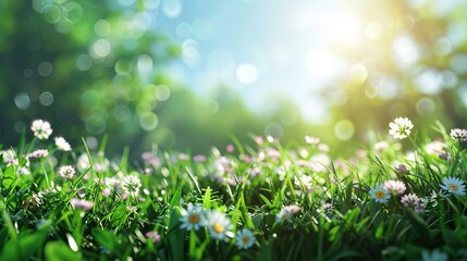 Beautiful sunny spring meadow with green grass and blue sky. Abstract background with light bokeh and space for text